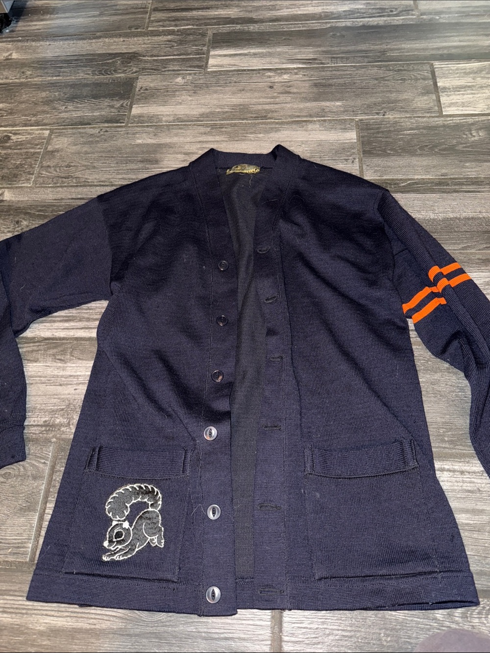 Men's Navy Button-Up Cardigan football Sleeve Stripes 1950s sweater